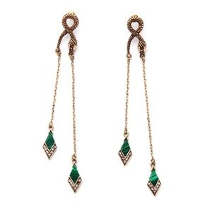 Goldtone Snake Green Chain Drop Earrings